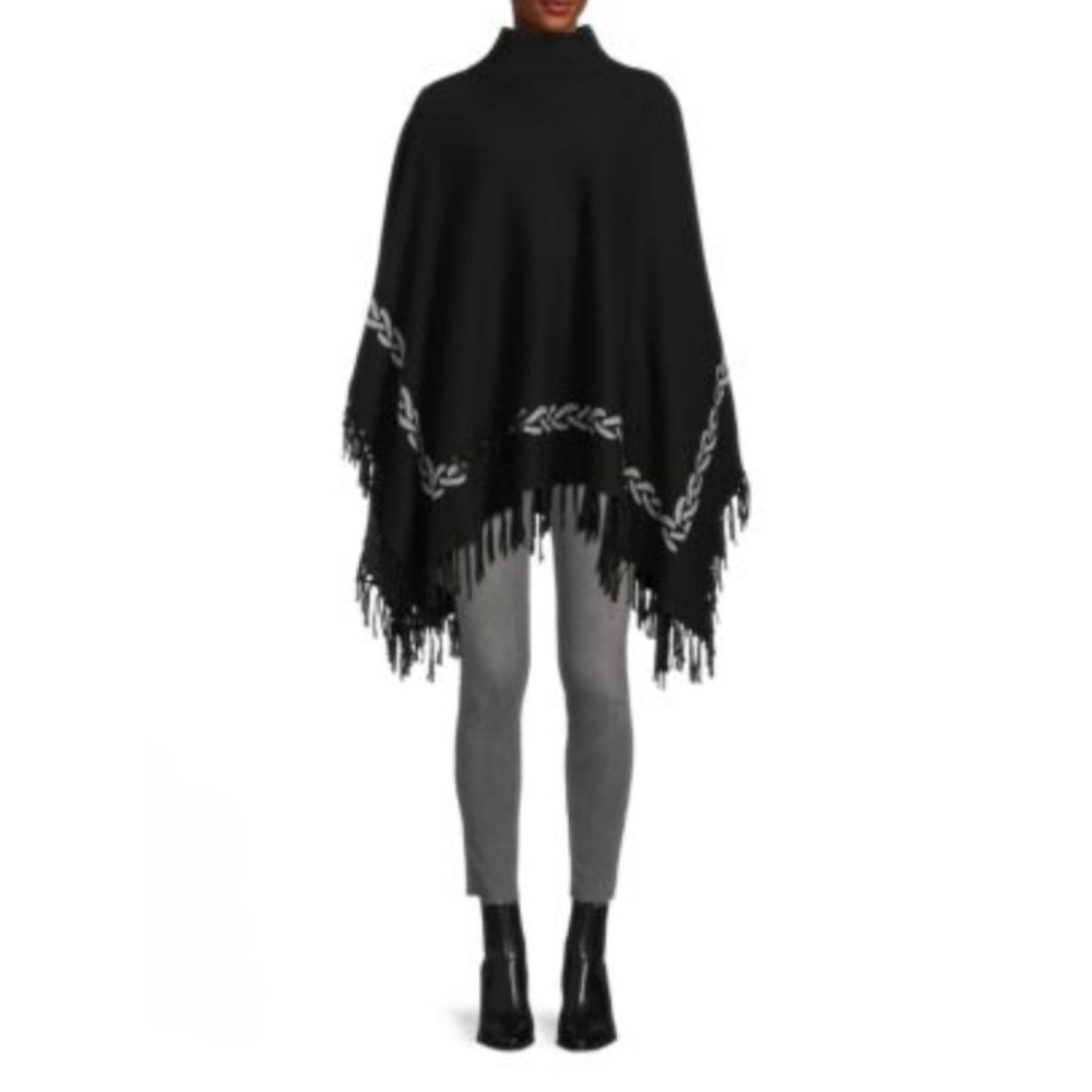 J. McLaughlin Garnet Black & White Fringe Poncho OS